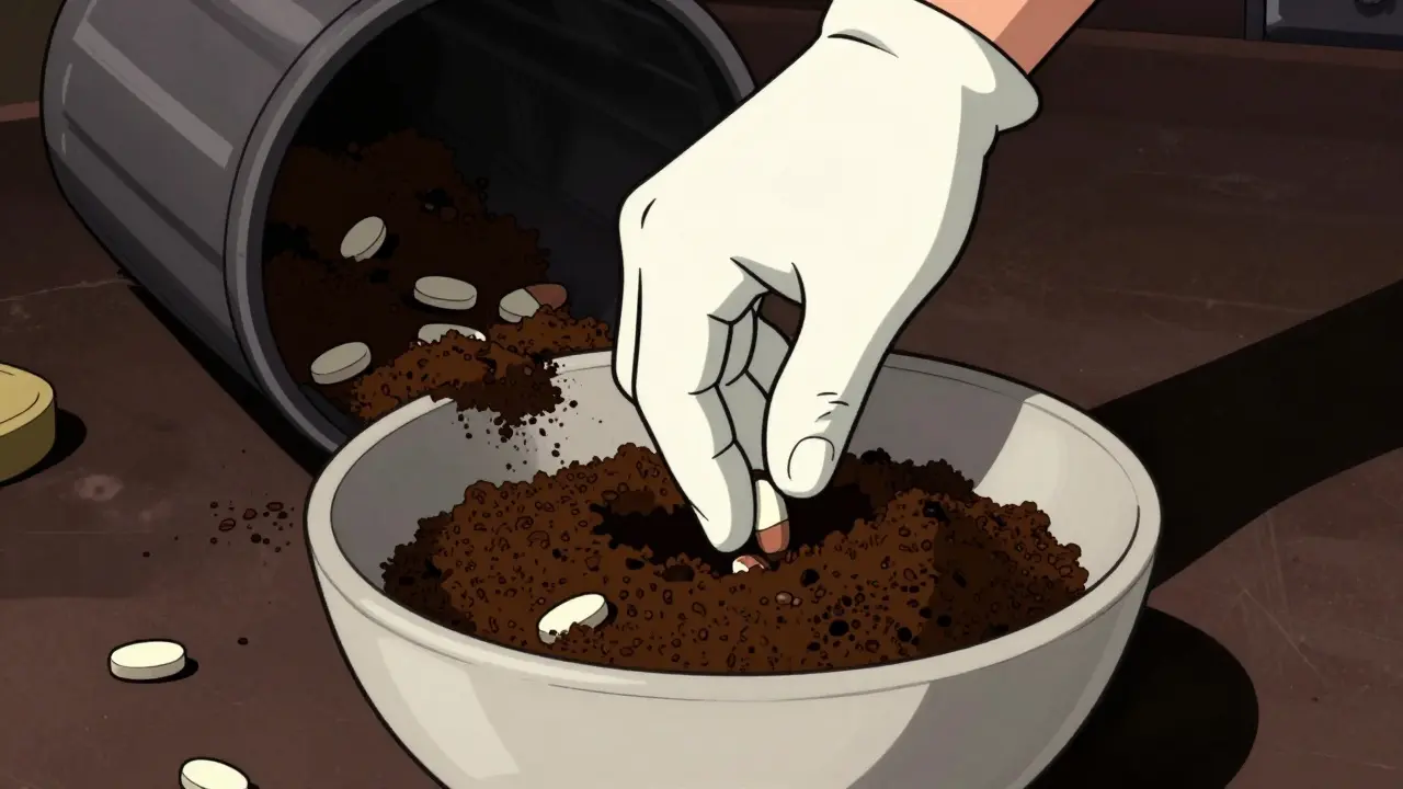 Mixing pills with coffee grounds for safe disposal