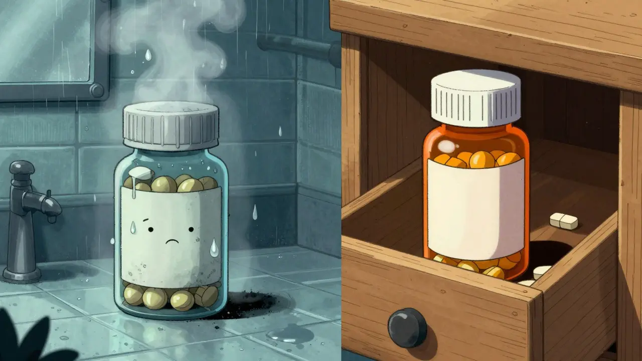 Pills in humid bathroom versus dry drawer storage