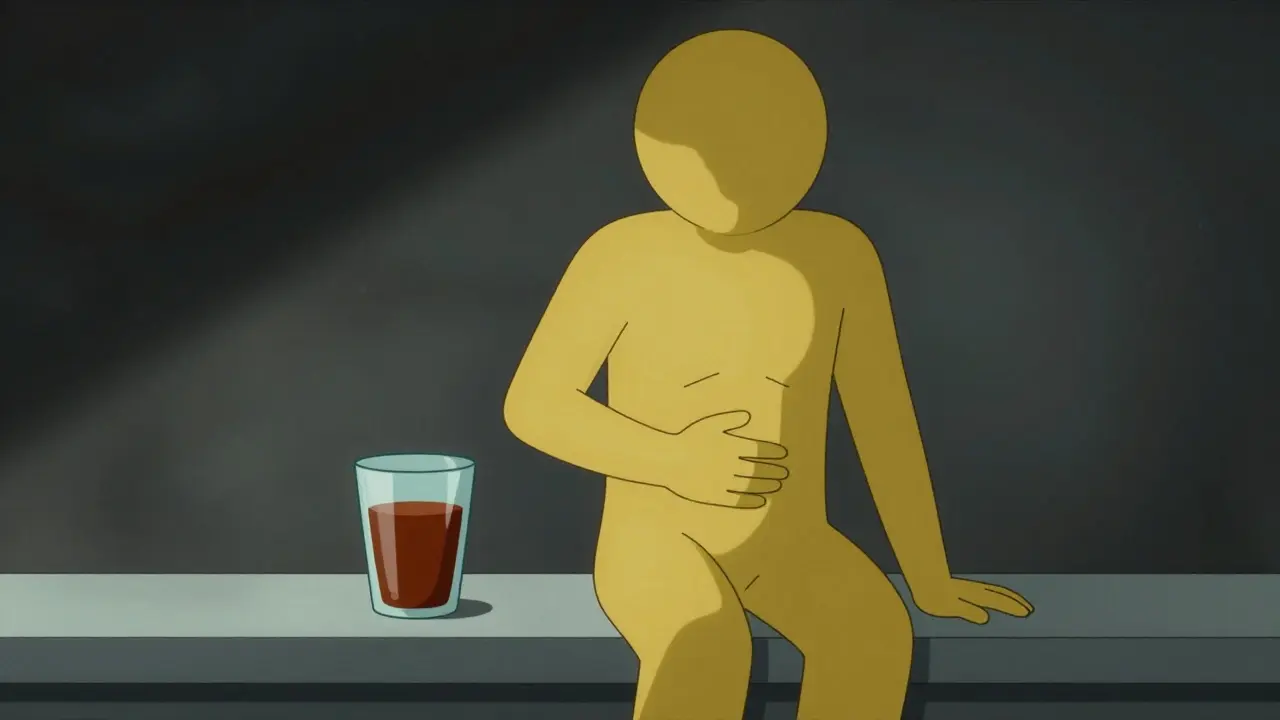 Sick person with yellow skin holding ribs near dark urine cup