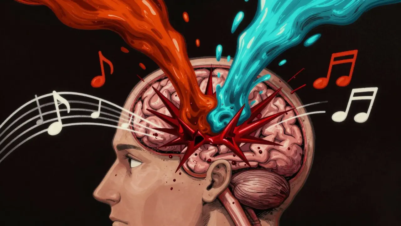 Surreal brain diagram with clashing chemical liquids disrupting neural rhythm signals