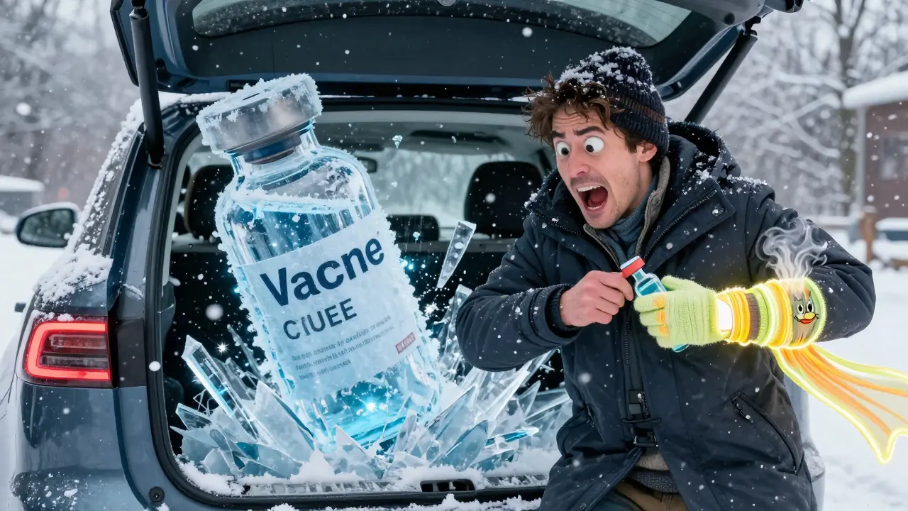 Traveler tucking medication into their jacket pocket as frozen vials shatter in the background.