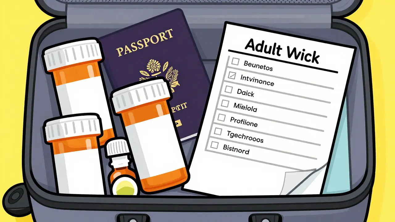 A carry-on bag containing prescription bottles, a passport, and a medical list.