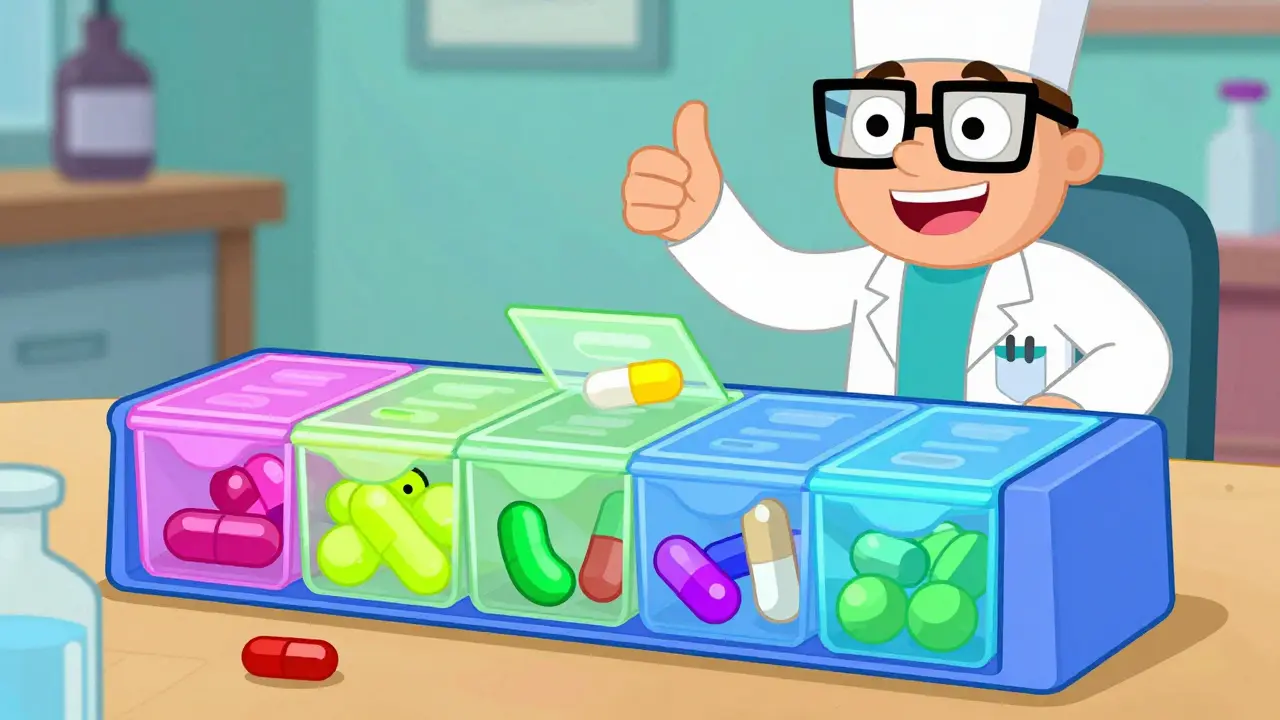 A colorful pill organizer filled with various medications and a smiling pharmacist in the background.