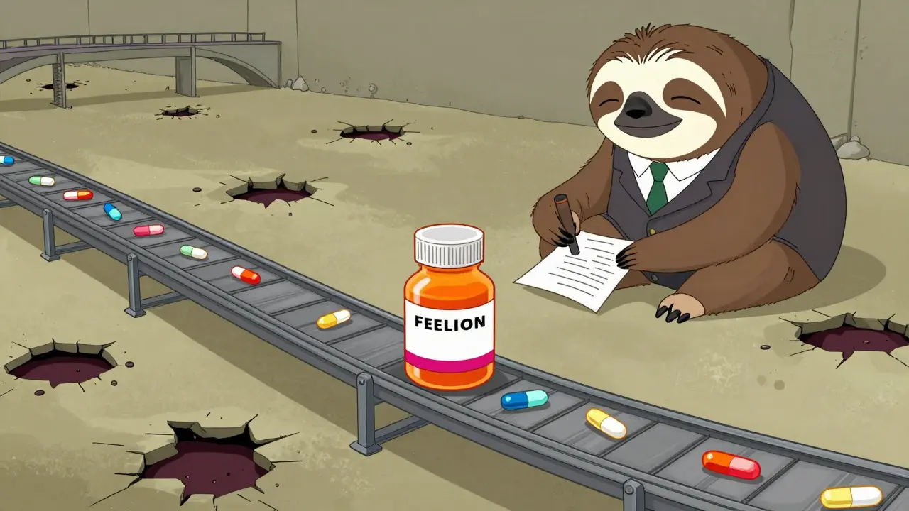 A generic medicine bottle on a broken conveyor belt with a slow bureaucrat in Adult Swim style.