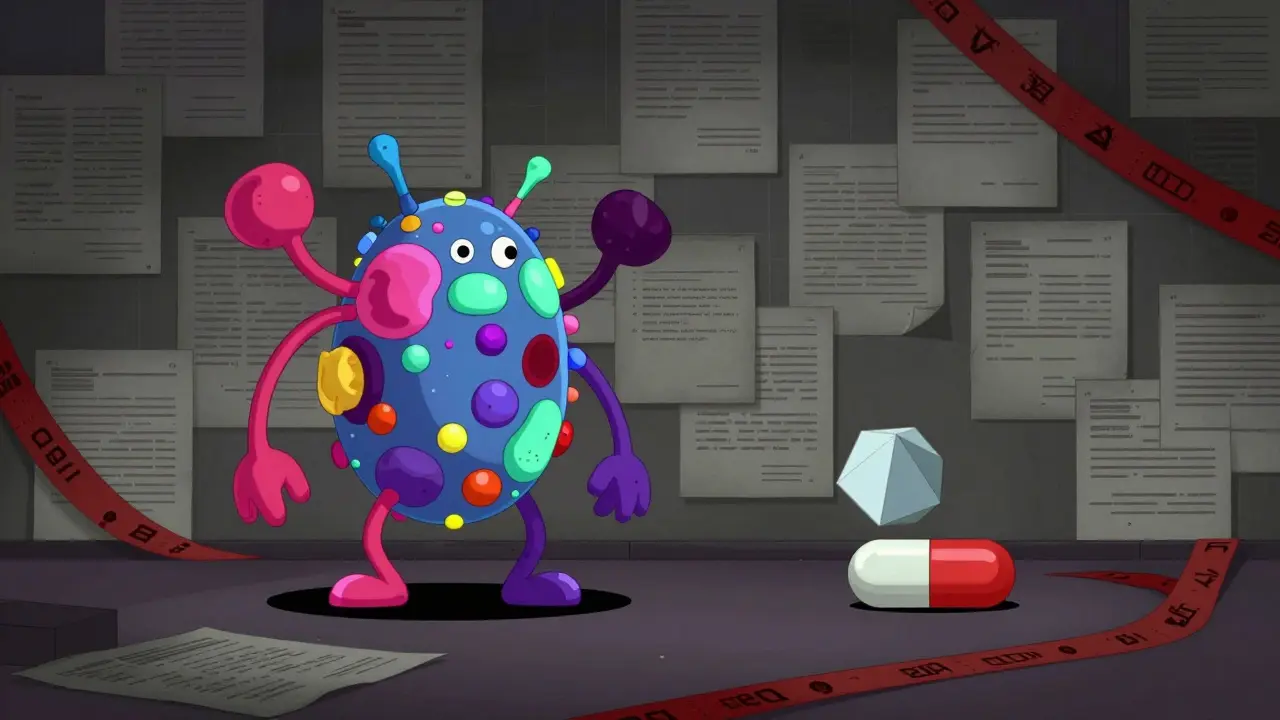 A large biologic protein monster and a small generic pill separated by a wall of red tape.