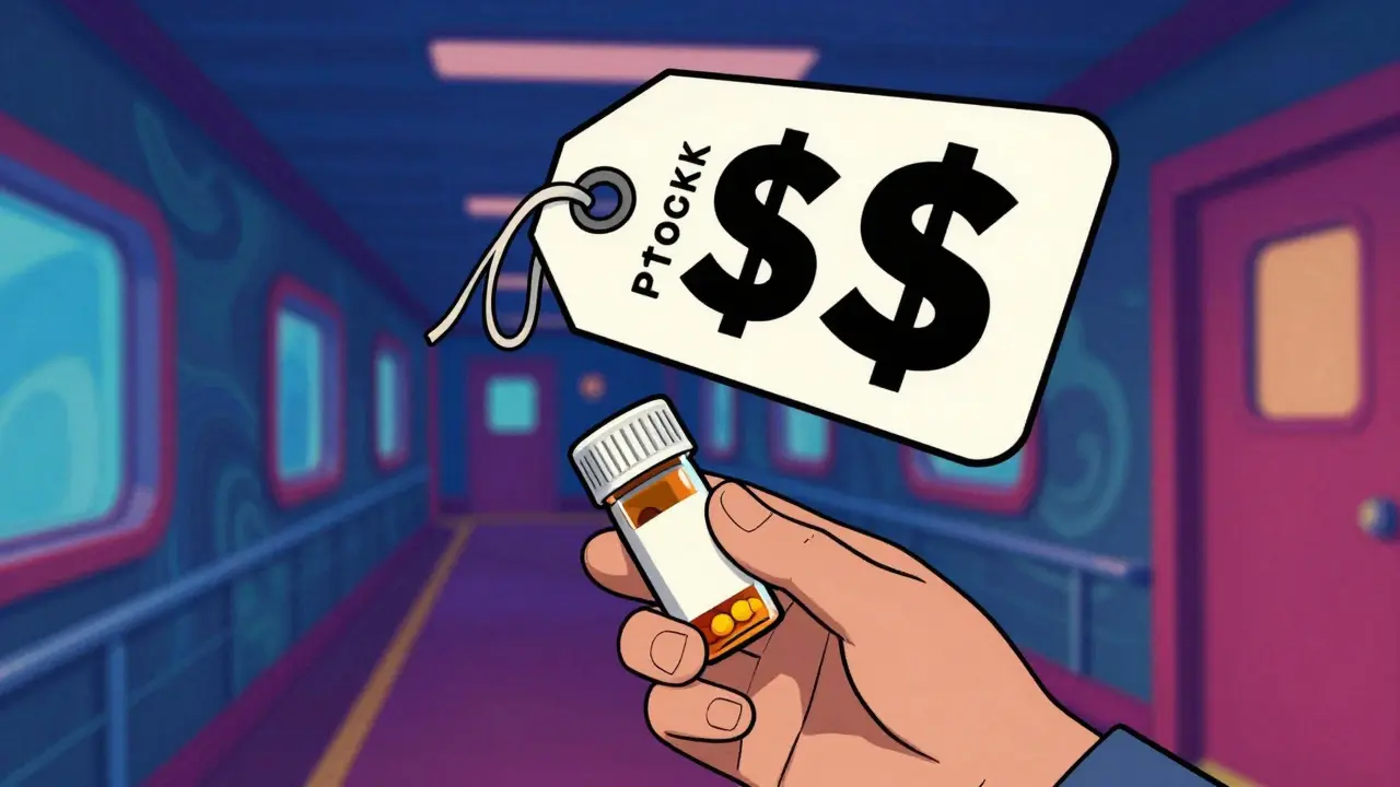 A person holding a prescription bottle with a giant, expensive price tag floating above it.
