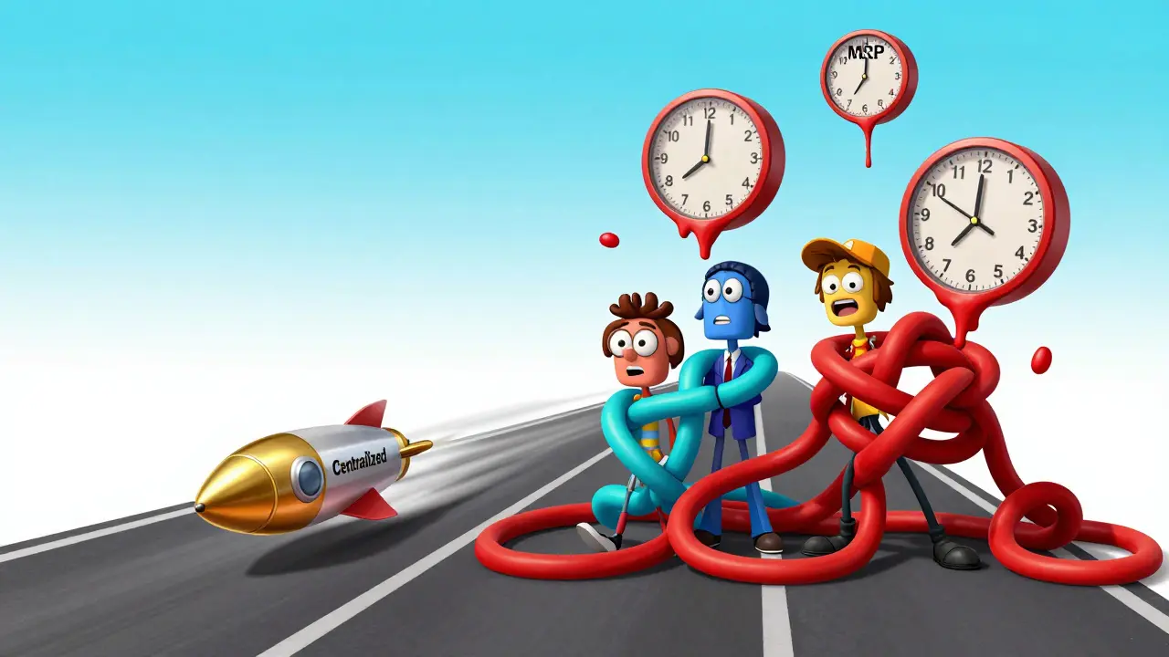 A satirical race showing different EU drug approval pathways with characters tangled in red tape.