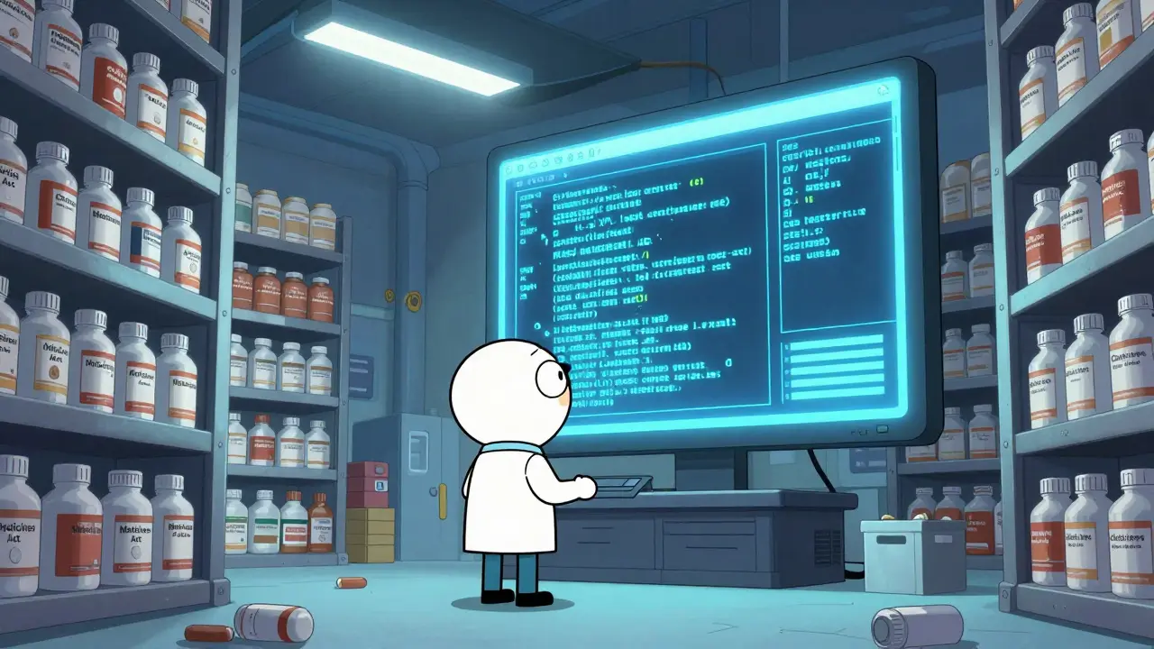 A technician in a warehouse with massive stockpiles of medicine and a glowing digital screen.