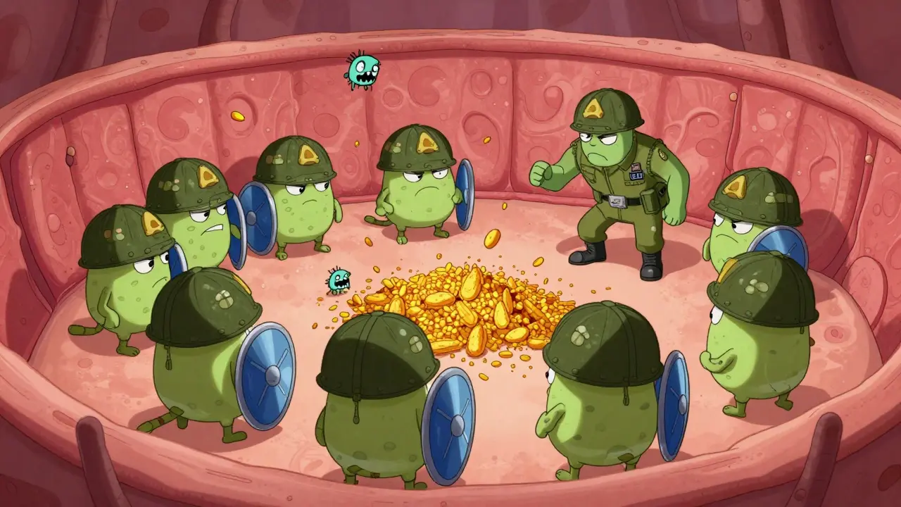 Cartoon immune cells in a training camp learning to ignore pollen and dust mite triggers.