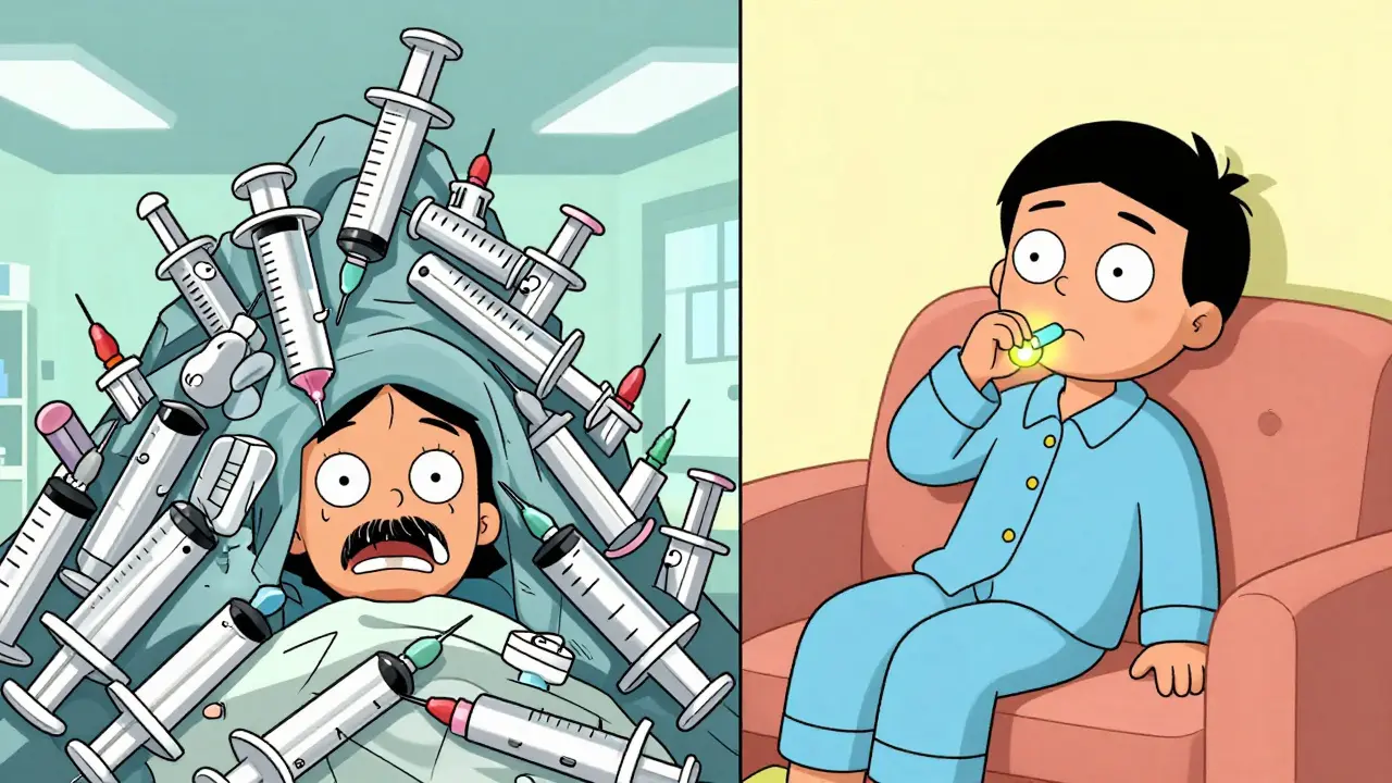 Comparison of a patient overwhelmed by many syringes versus a relaxed patient using a tablet.