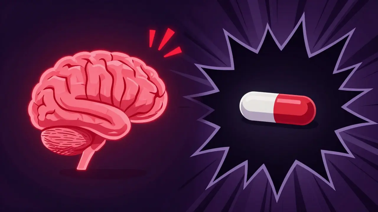 Conceptual representation of the nocebo effect showing a brain's negative reaction to a generic pill.