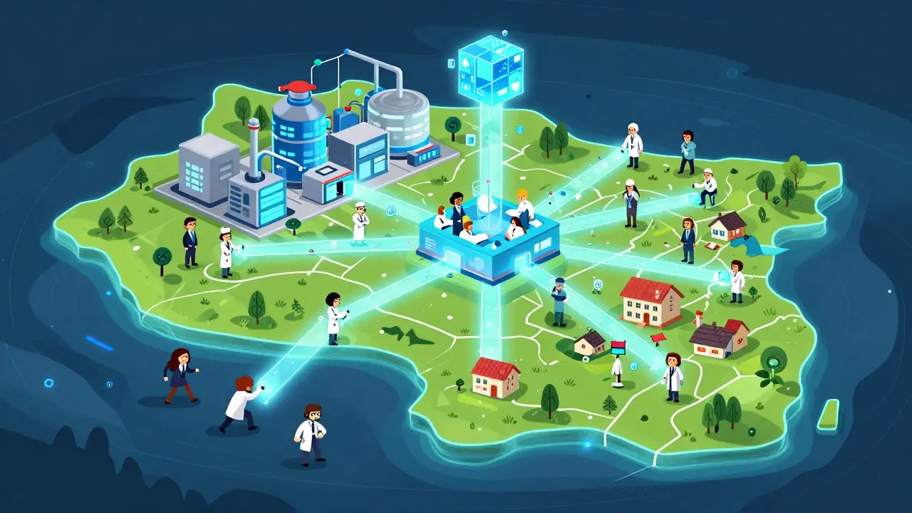 Digital data connecting a drug factory to a rural clinic in Adult Swim style.