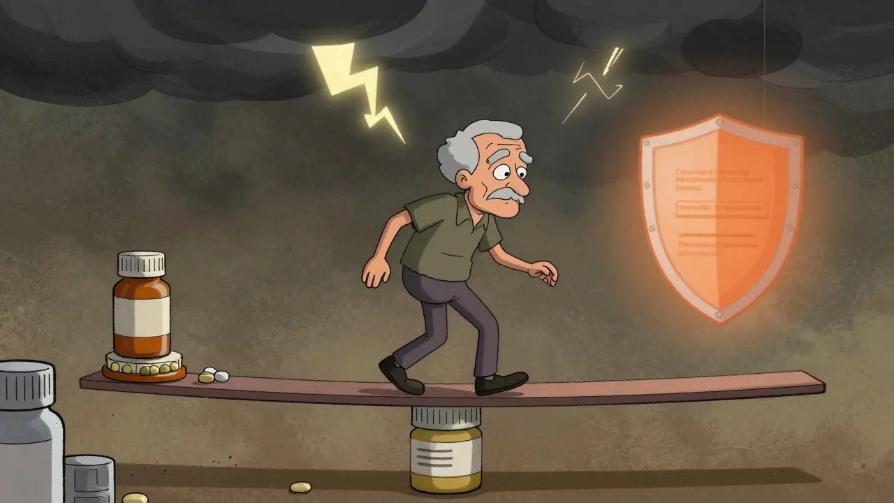 Elderly person balancing on medicine bottles with storm clouds.