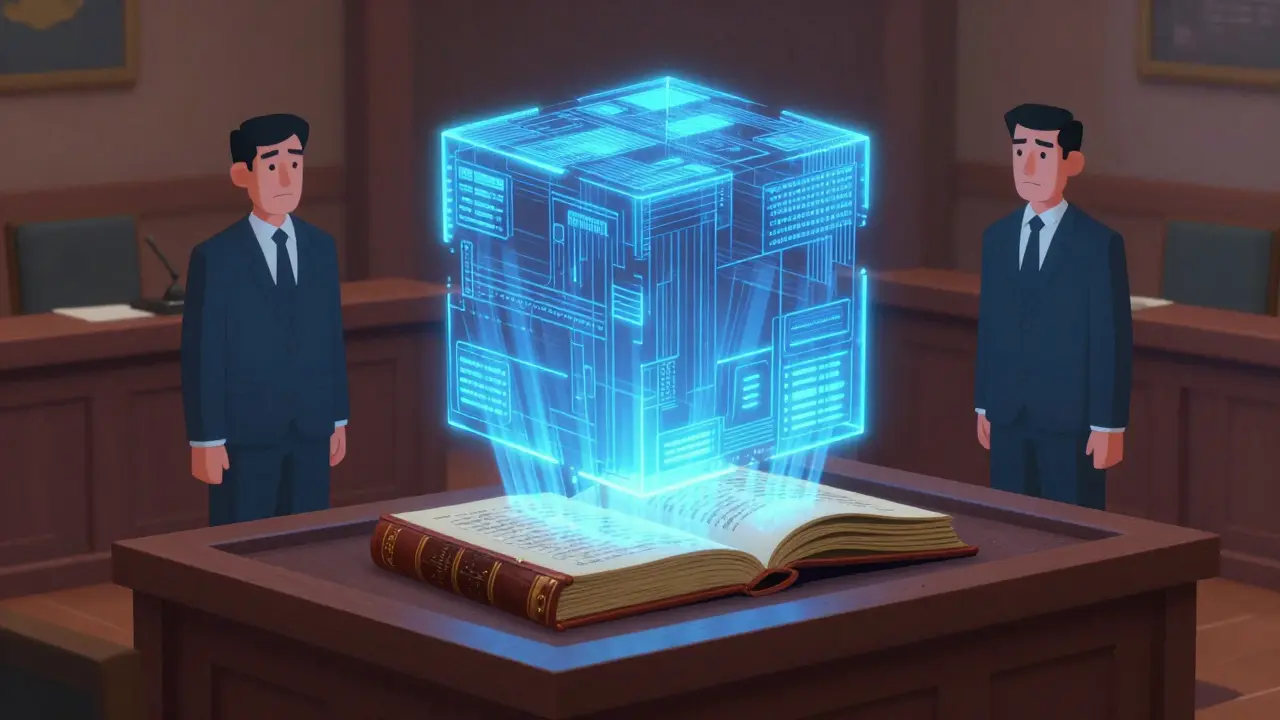 Futuristic blockchain cube updating old law books in a minimalist courtroom