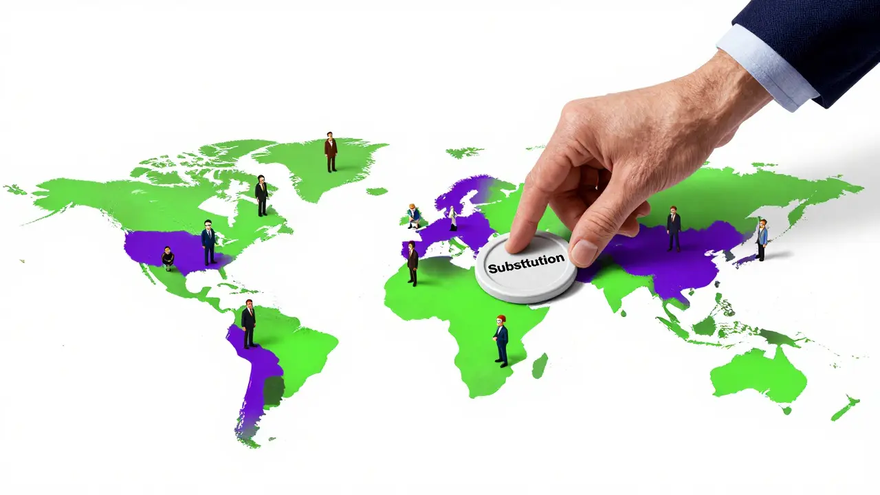 Giant hand swapping legal tokens across a stylized map of the UK and Europe