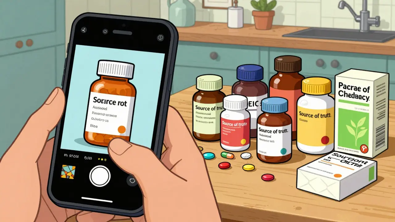 Hand photographing a medication label next to various pill bottles on a table.