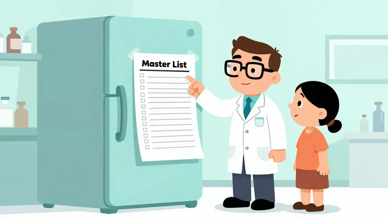 Pharmacist helping a patient and caregiver finalize a medication list by a refrigerator.