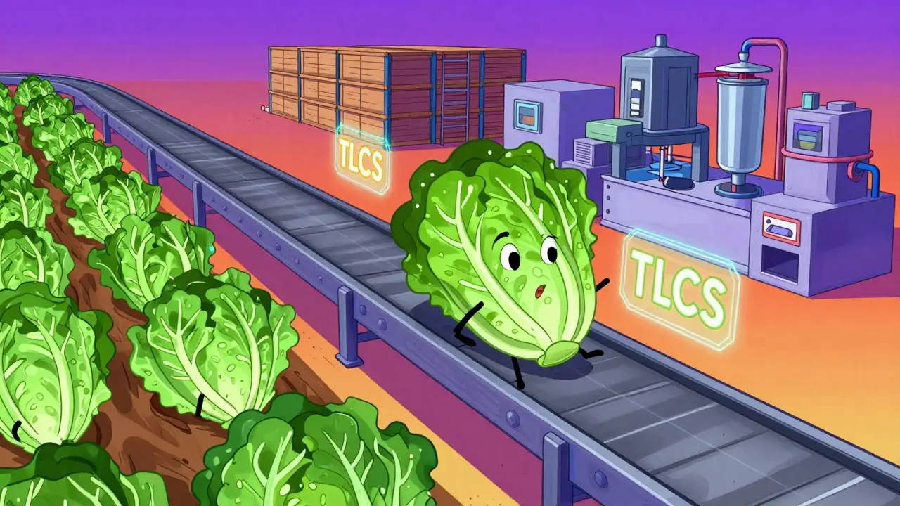 Romaine lettuce moving through a supply chain with holographic alphanumeric codes.