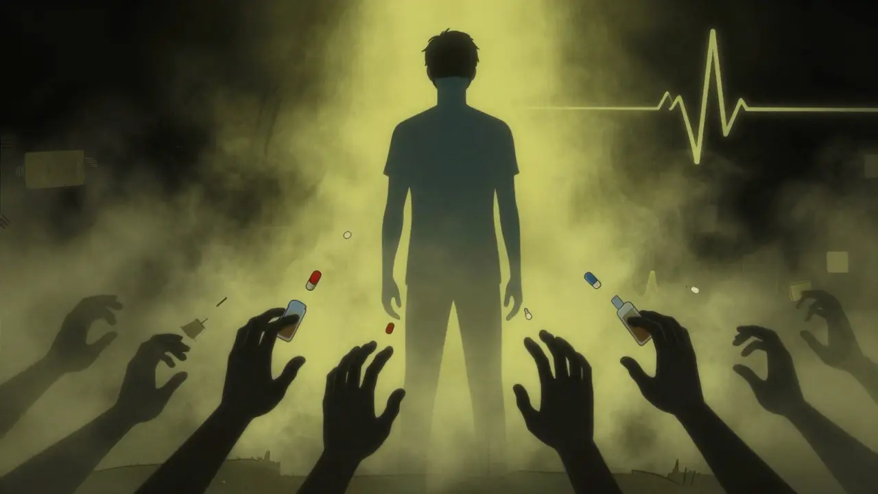 Shadowy figure fading in mist reaching shadowy medicine hands.