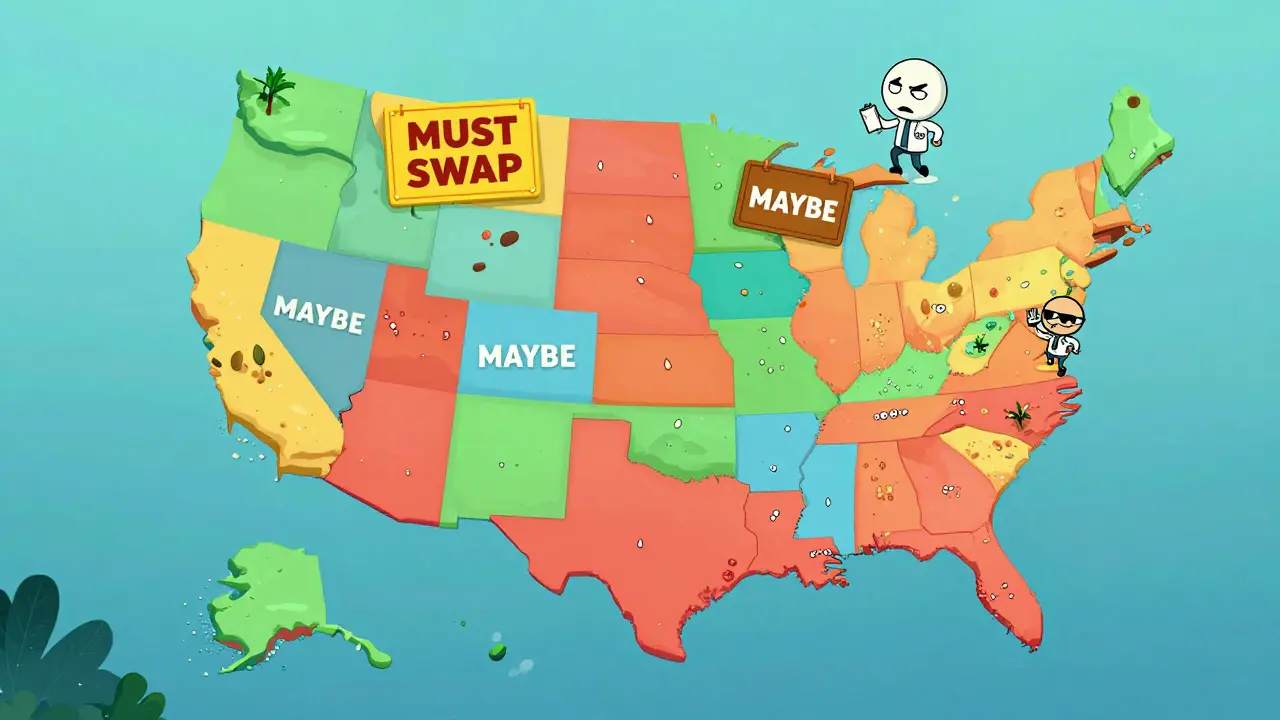 Stylized US map with islands labeled 'Must Swap' and 'Maybe' in Adult Swim style.